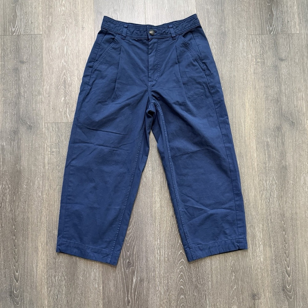Everlane Pleated Cropped Barrel Leg Cotton Linen Trouser Pants 2 Blue Preppy